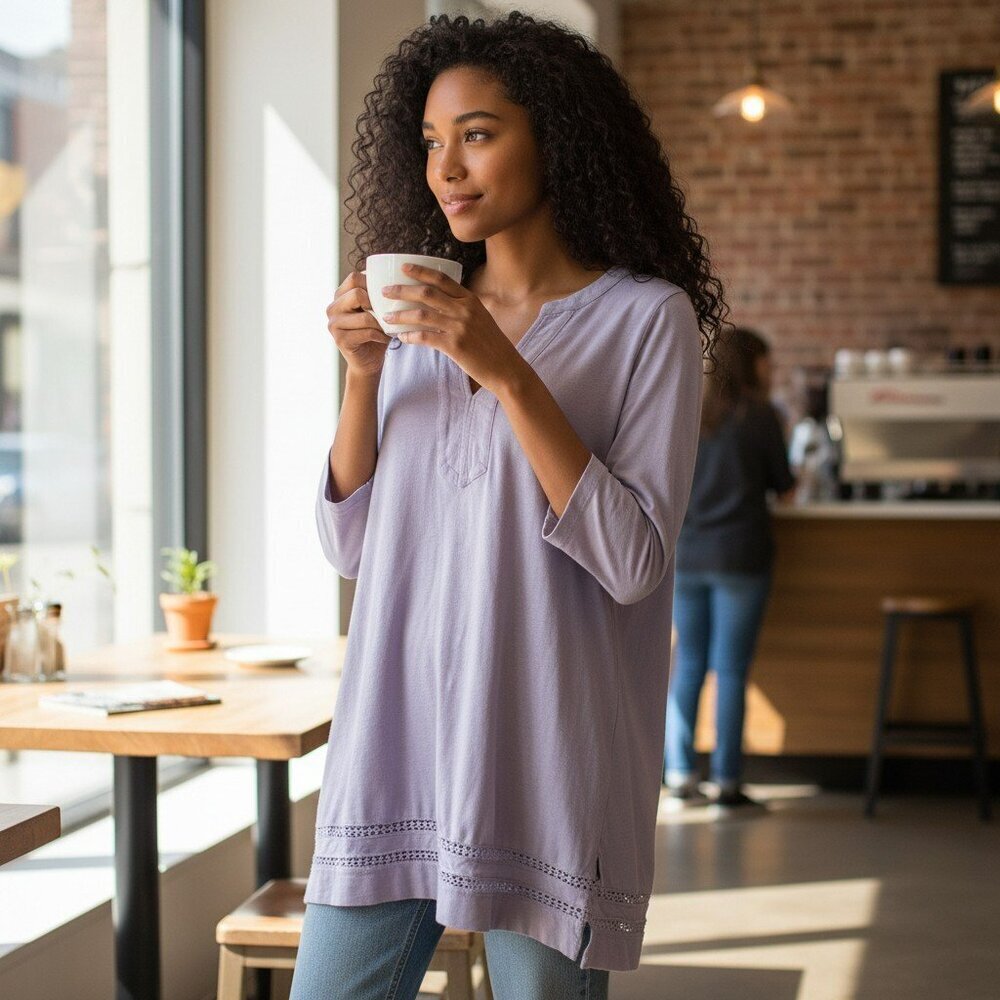J Crew Womens Small Lilac Blue Cotton 3/4 Sleeve V Neck Tunic Top Shirt Size S